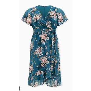 Teal Floral Chiffon Wrap Dress. Size 1